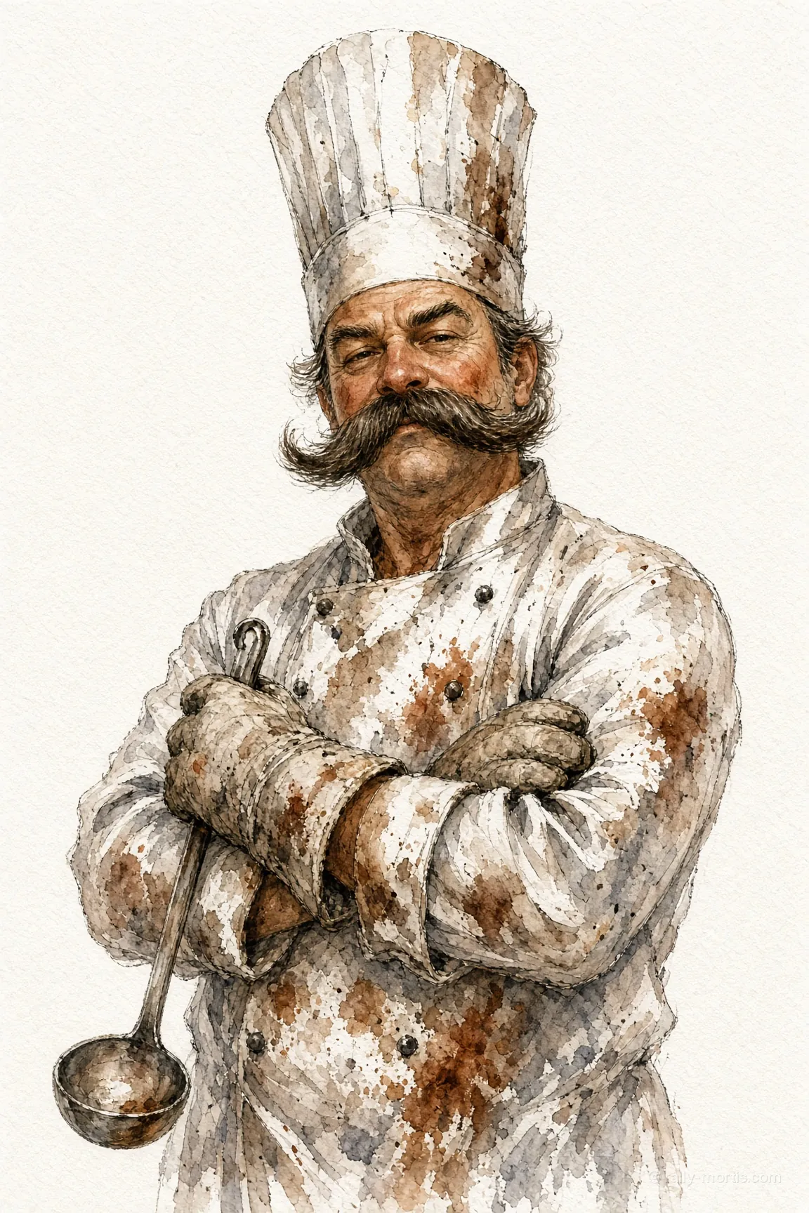 Chef Brûlé with a ladle and a stained apron