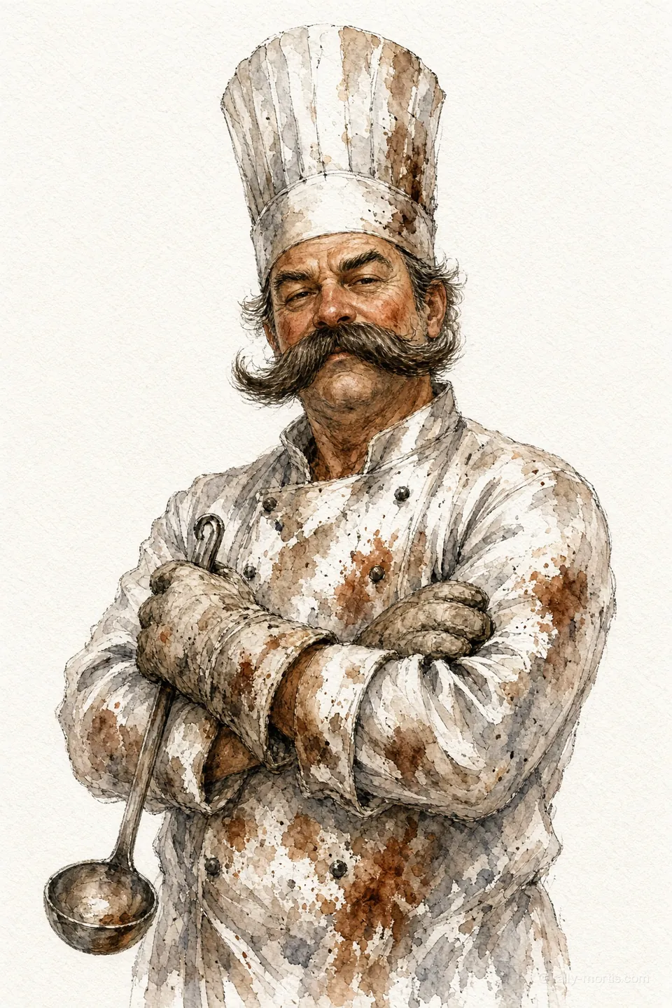 Chef Brûlé with a ladle and a stained apron