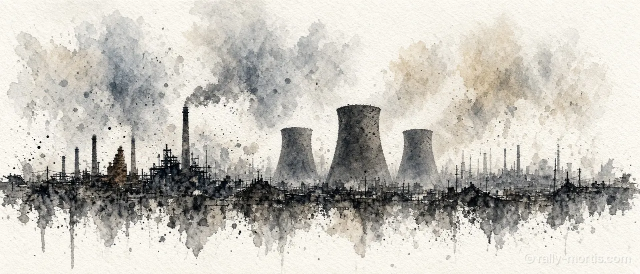 Chimneys and cooling towers of Cinderworks in smoke