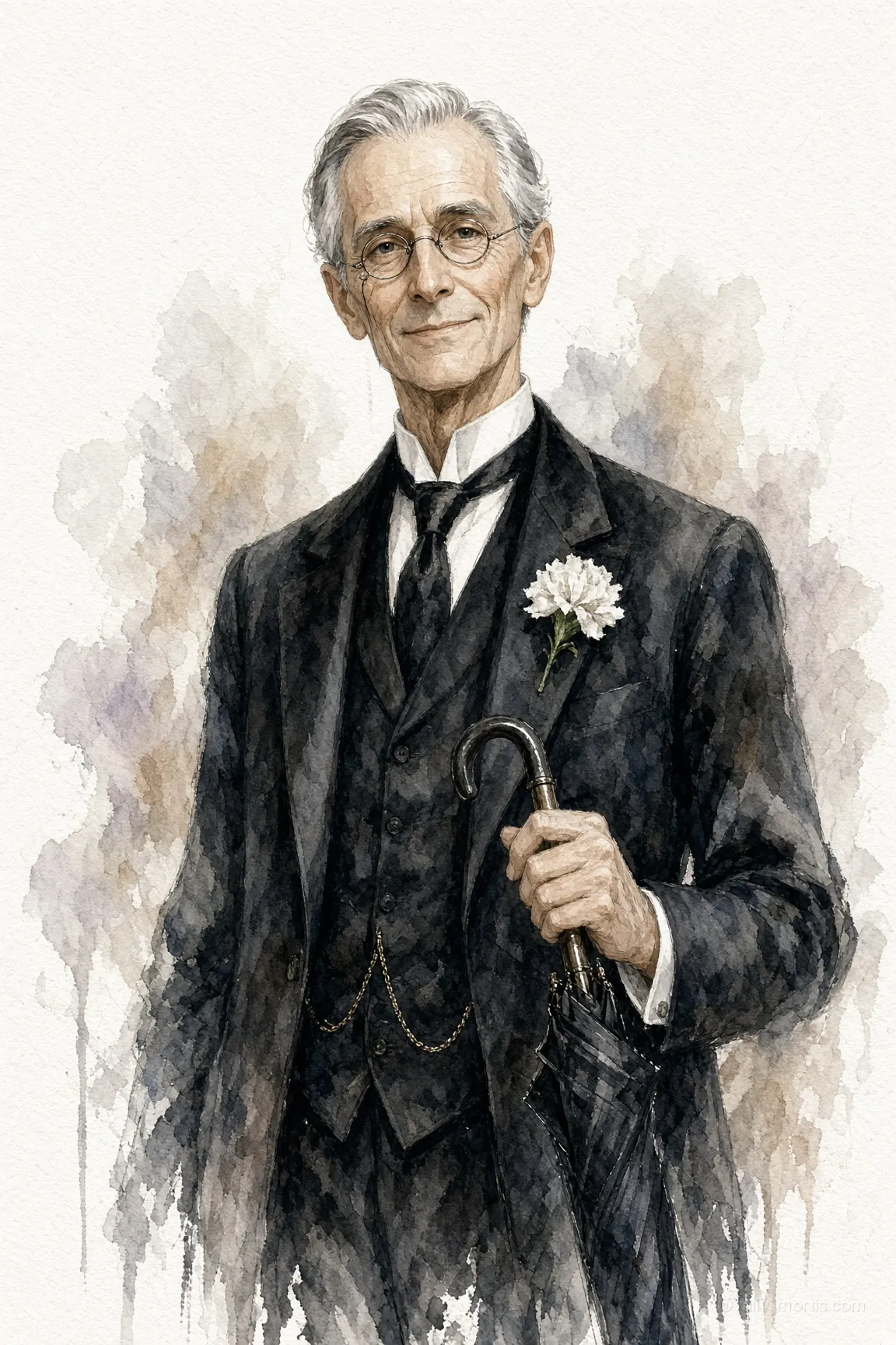 Ambrose Crane, the executor, in a black suit with a white carnation