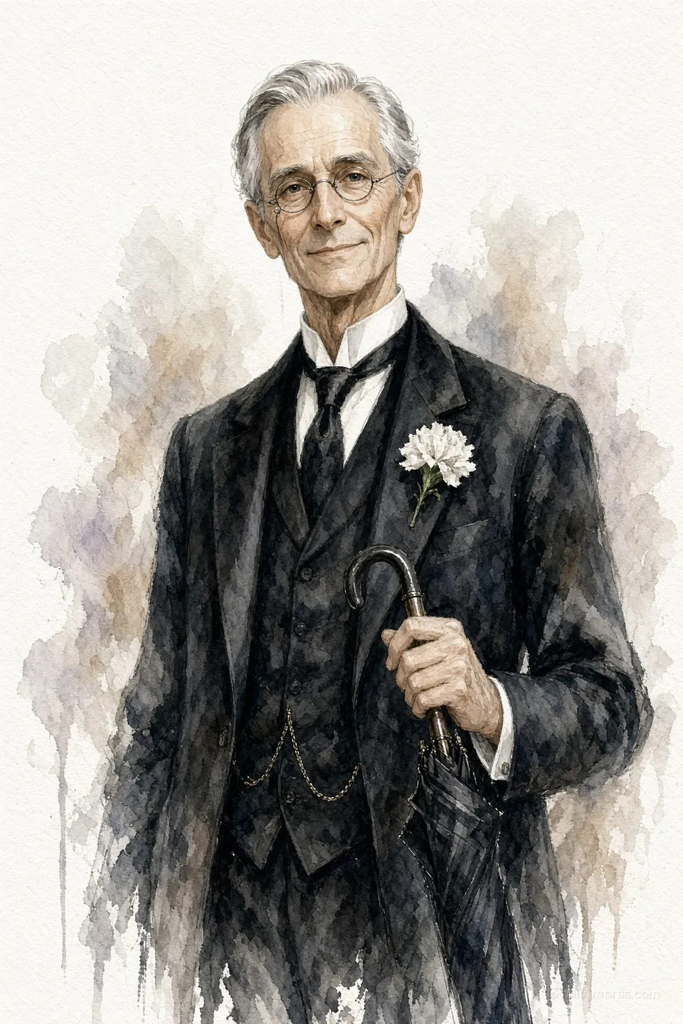 Ambrose Crane, the executor, in a black suit with a white carnation