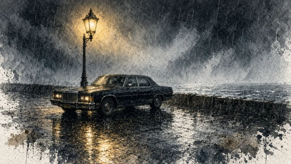 A watercolour of a long black sedan parked under a single street lamp on a wet seaside promenade at night, rain falling, the lamp's light pooling on the cobbles.