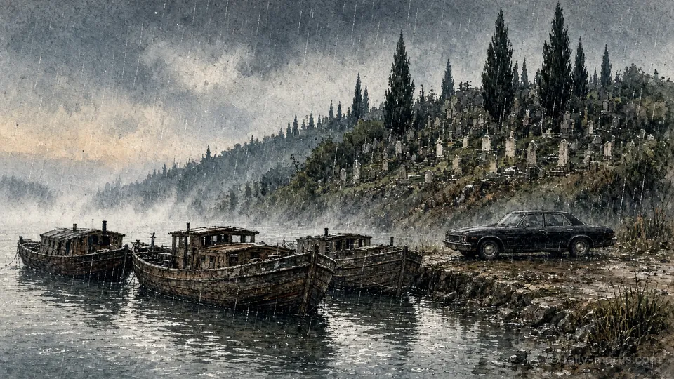 A watercolour of old wooden barges moored on a grey canal at dusk in the rain, a hillside of cypress trees and headstones above them and a black sedan waiting on the bank.
