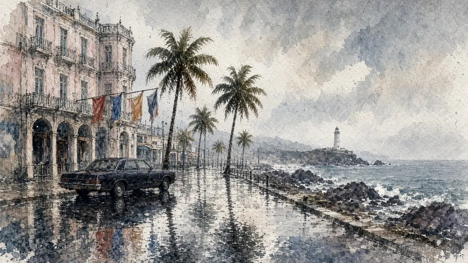 A watercolour of a pastel seaside hotel on a wet promenade in morning rain, its flags hanging at half mast, palm trees along the front, a lighthouse on the rocks in the distance and a small black sedan parked by the kerb.