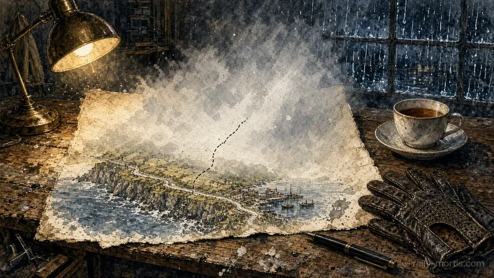 A watercolour of an old paper map on a desk under a lamp, a painted stretch of coast at the bottom and grey fog washed over everything above it.