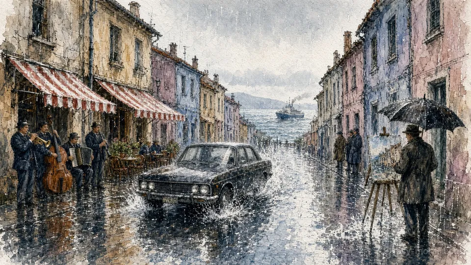 A rain-wet seaside street in watercolour, café tables under striped awnings, a small band by a house wall and a black sedan splashing past.