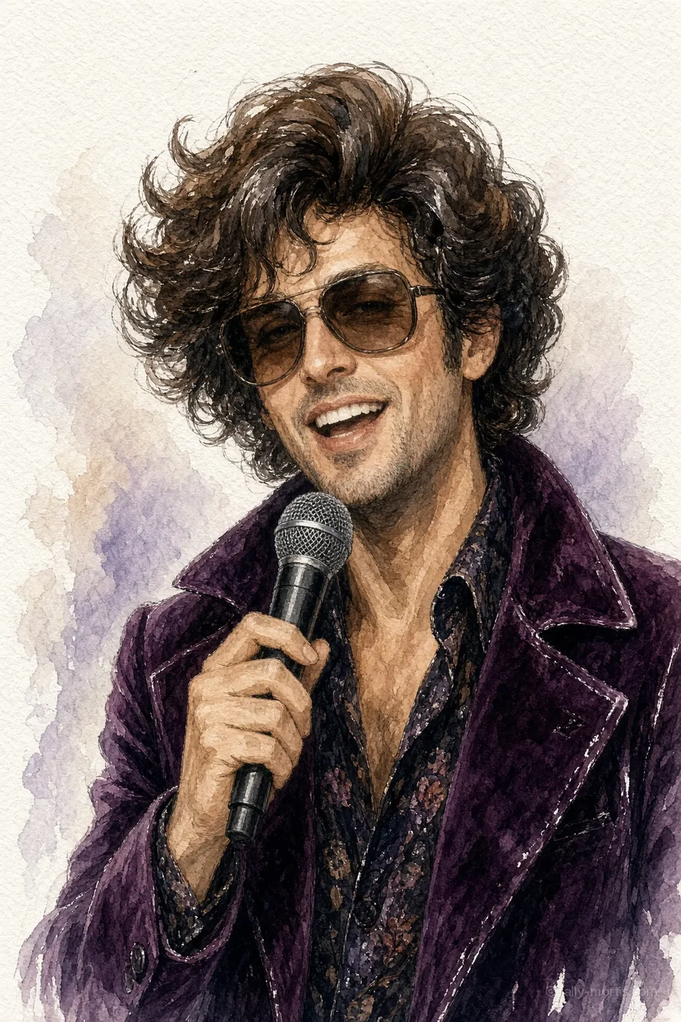 Cousin Ferdinand in sunglasses with a microphone