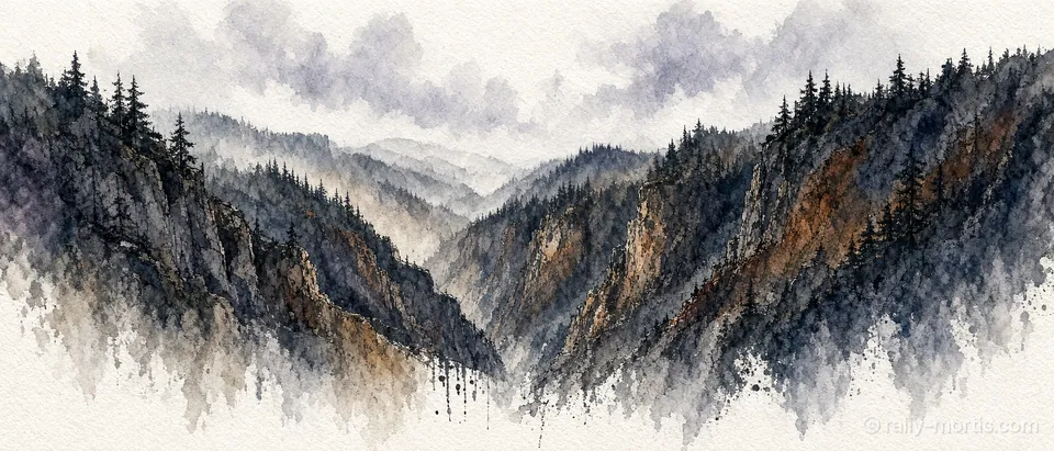 The pine-dark cliffs of Grieve Gorge under low cloud