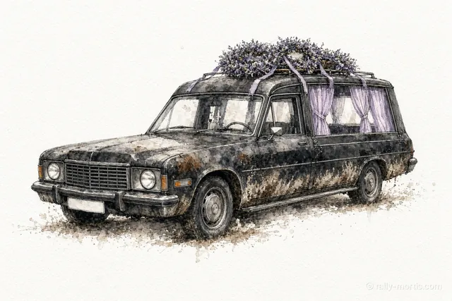 The Condolence: a long black hearse with wreaths on the roof