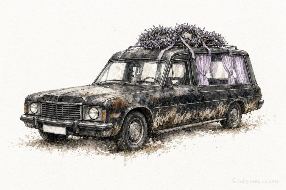 The Condolence: a long black hearse with wreaths on the roof