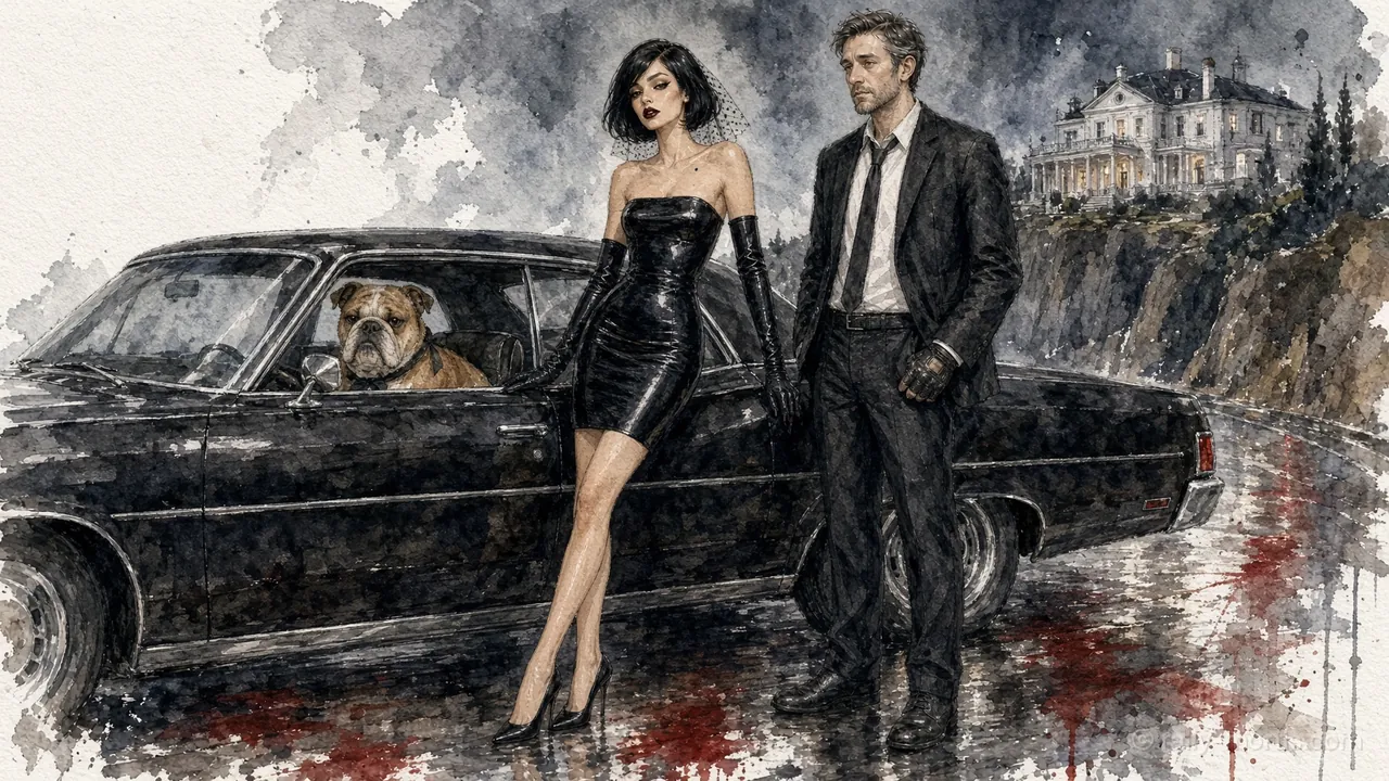 Vee Lark and Wade Kessler lean on a black sedan on a rain-soaked cliff road, a bulldog in the back seat, a mansion on the headland behind them