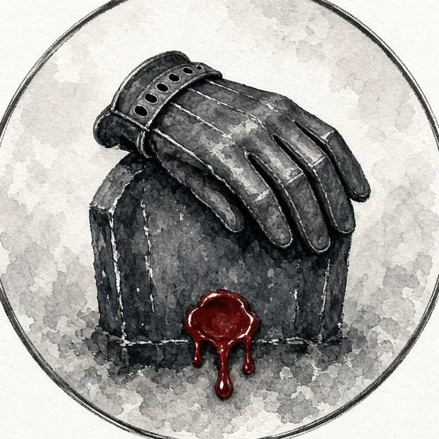 The Mild Peril seal: driving gloves on a headstone with red wax
