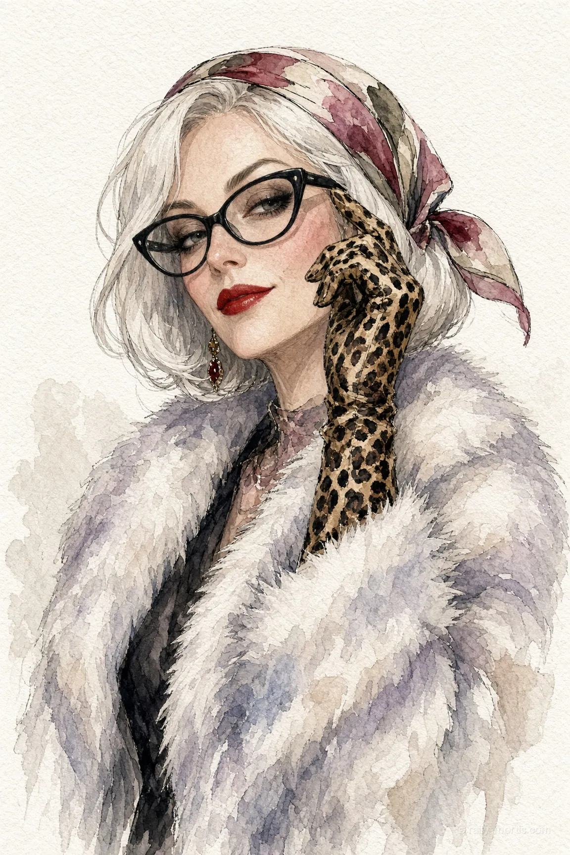 Contessa Lavinia in a fur coat, headscarf and cat-eye glasses