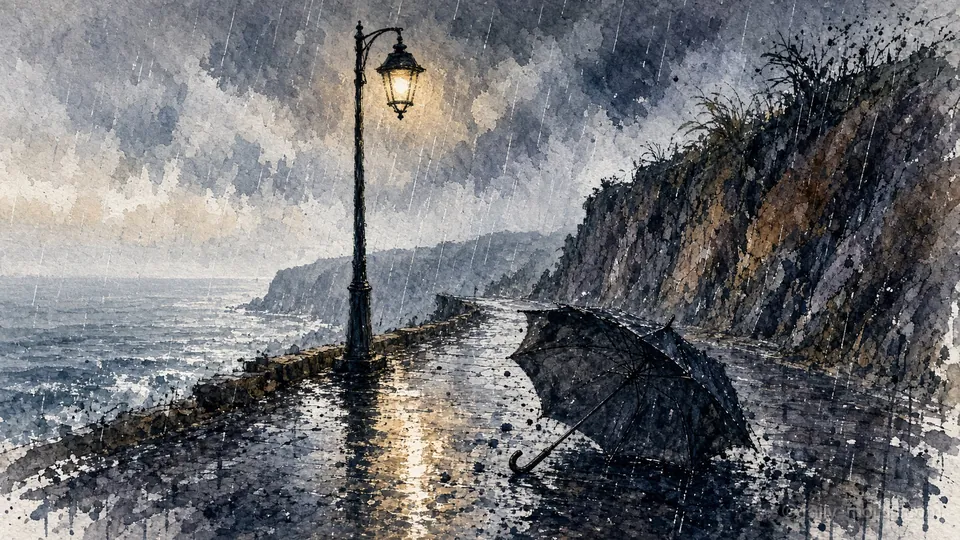 An umbrella blown open on a rainy cliff road under a single street lamp