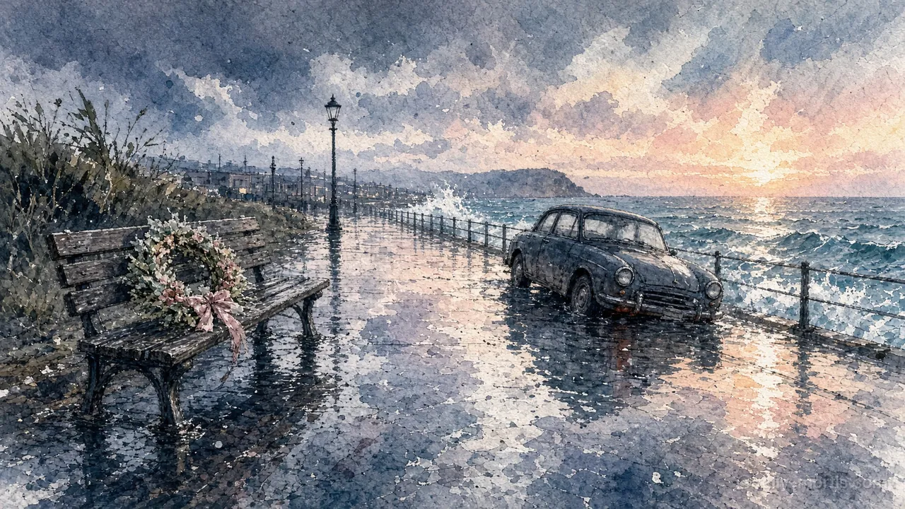 A wet seafront promenade at sunset, a wreath on a bench and a car parked by the railings