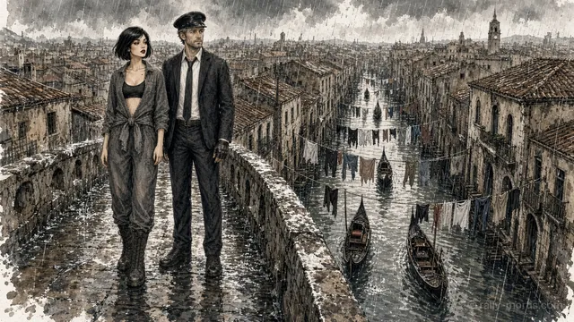 Wade and Vee look over a flooded canal town from a bridge