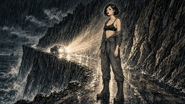 A car's headlights on a cliff road in a storm at night