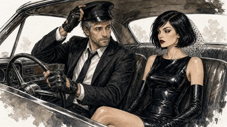 Wade at the wheel in a chauffeur's cap, Vee in the passenger seat