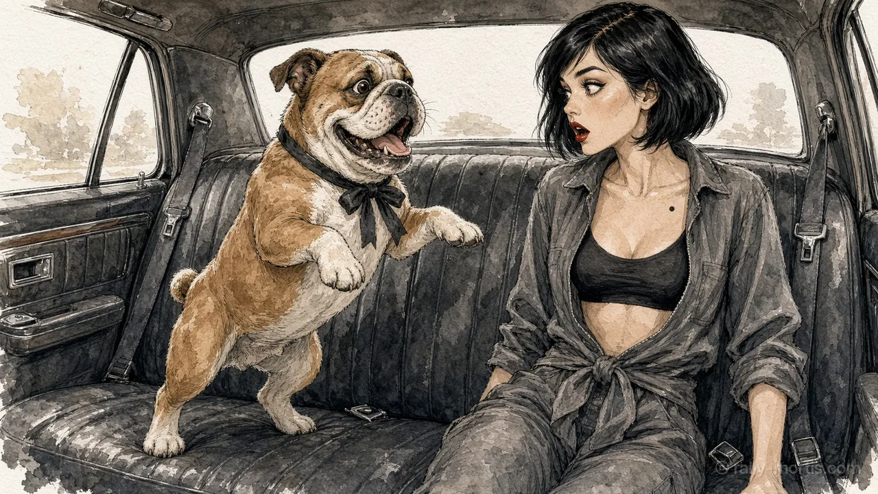 Probate the bulldog in the back seat, Vee turning round to look at him