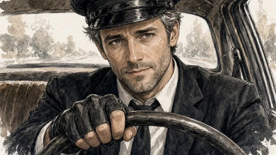 Wade Kessler at the wheel in driving gloves, half a smile