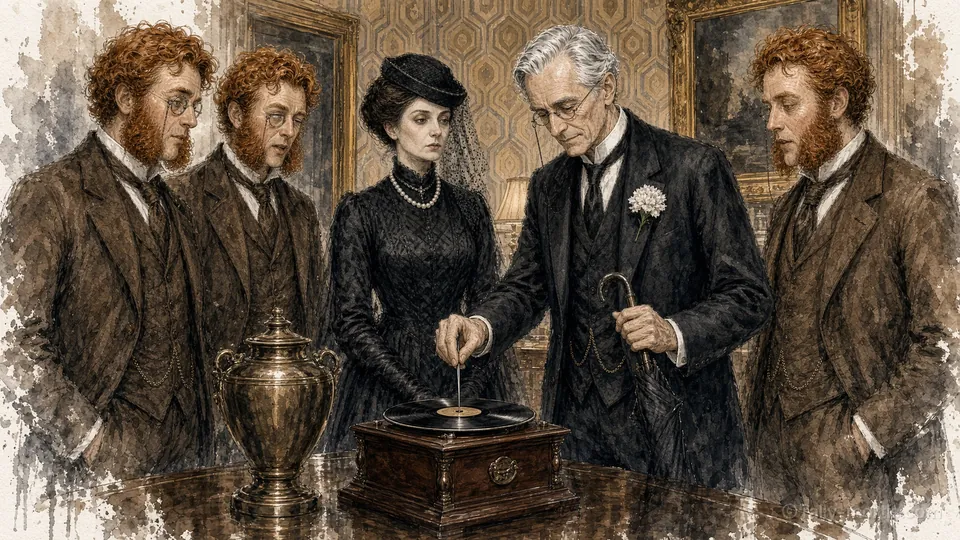 The family gathers round a gramophone as the executor lowers the needle