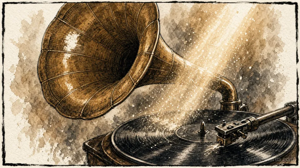 A brass gramophone horn catches the light