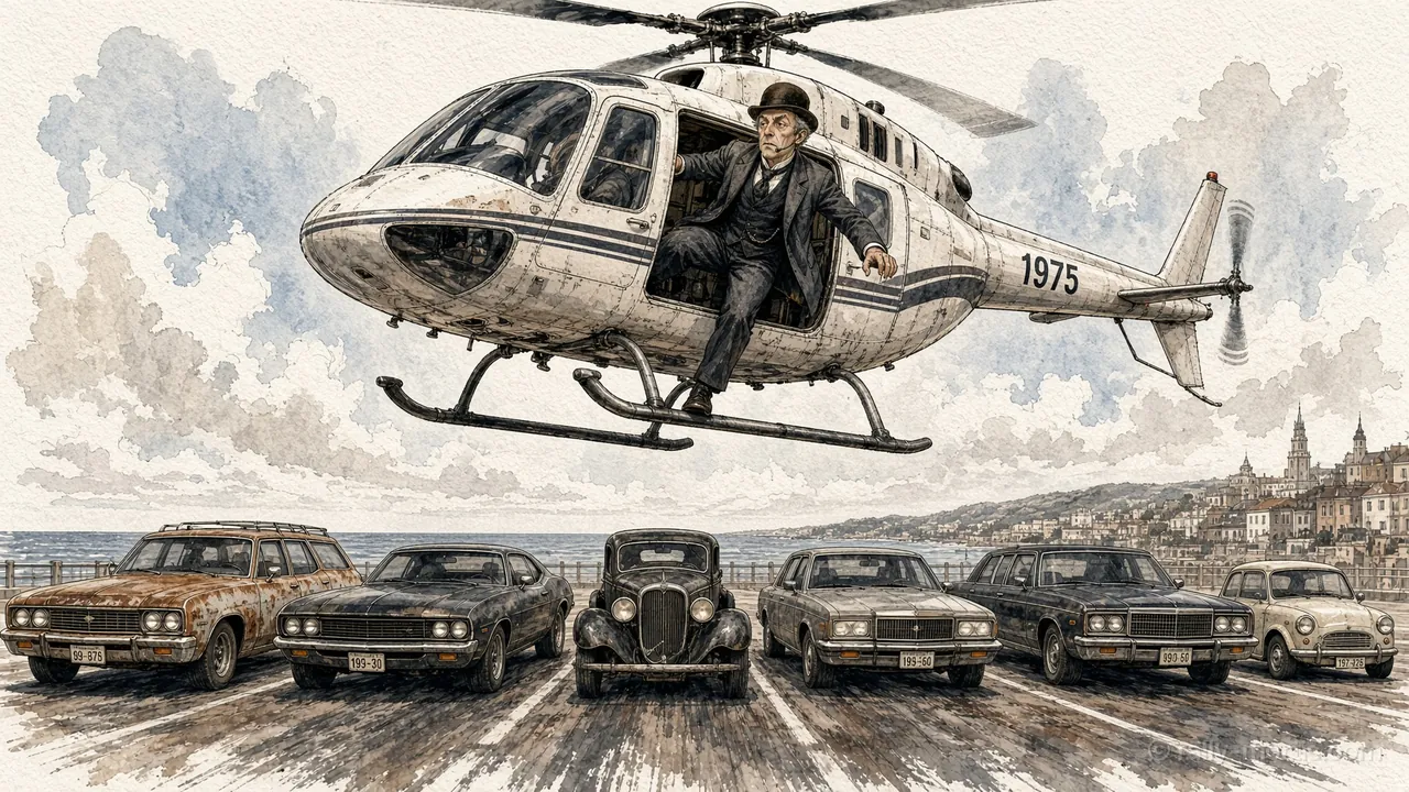 The Assessor's white helicopter lands beside a row of cars on the promenade