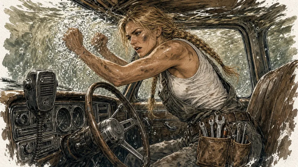 Juno Marsh wrestles a steering wheel in a half-built car