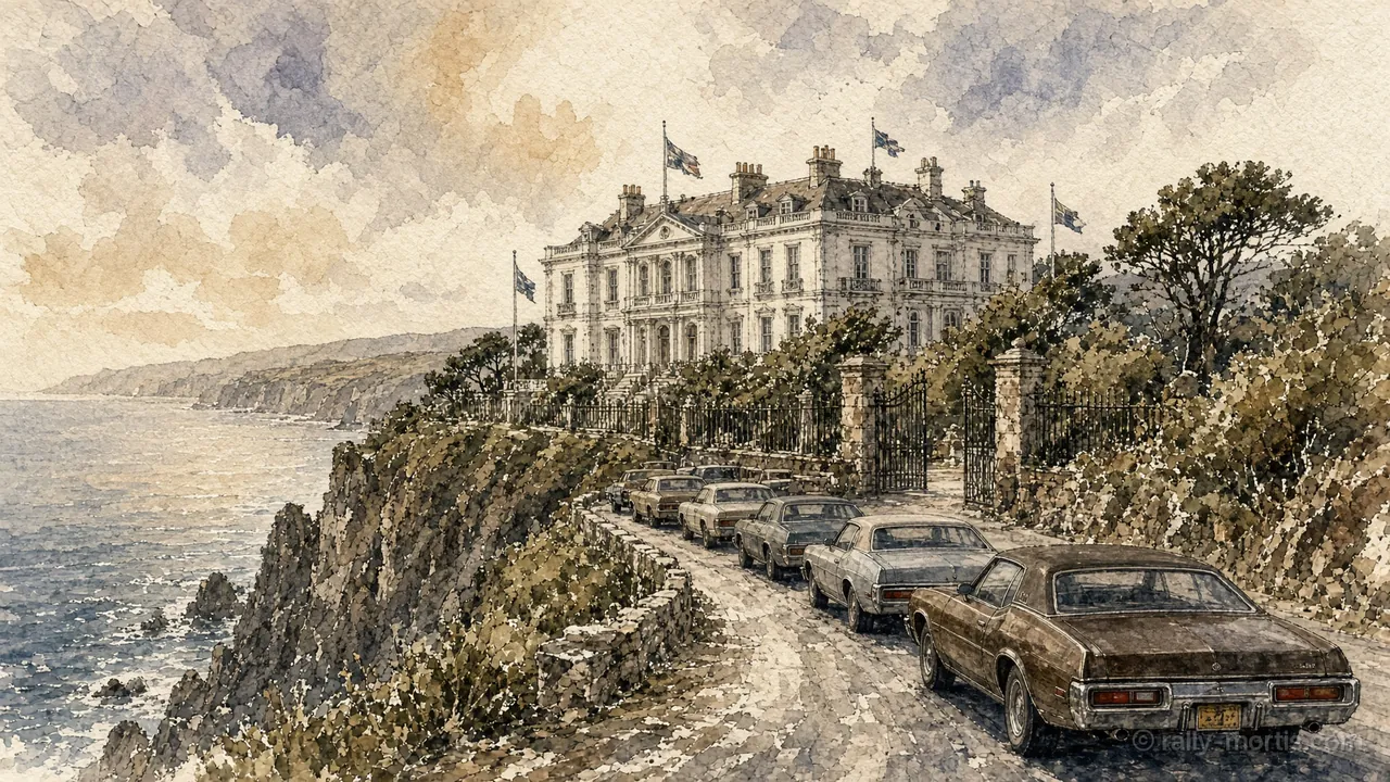 Cars line the drive of a clifftop mansion for the reading of the will