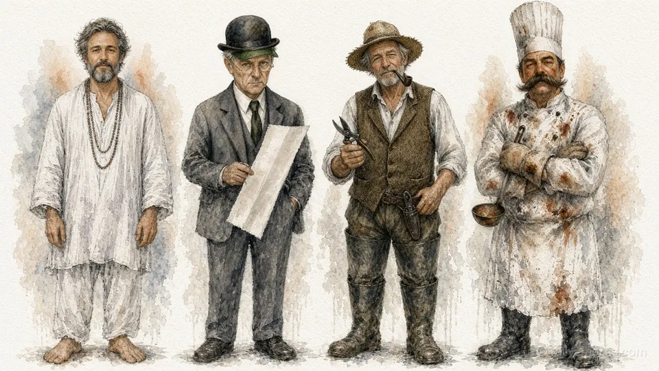 Four rival heirs line up: a guru, a clerk in a bowler, a gardener and a chef