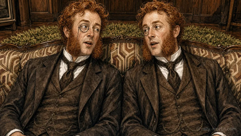Red-haired twin brothers in tweed share a sofa and a suspicion