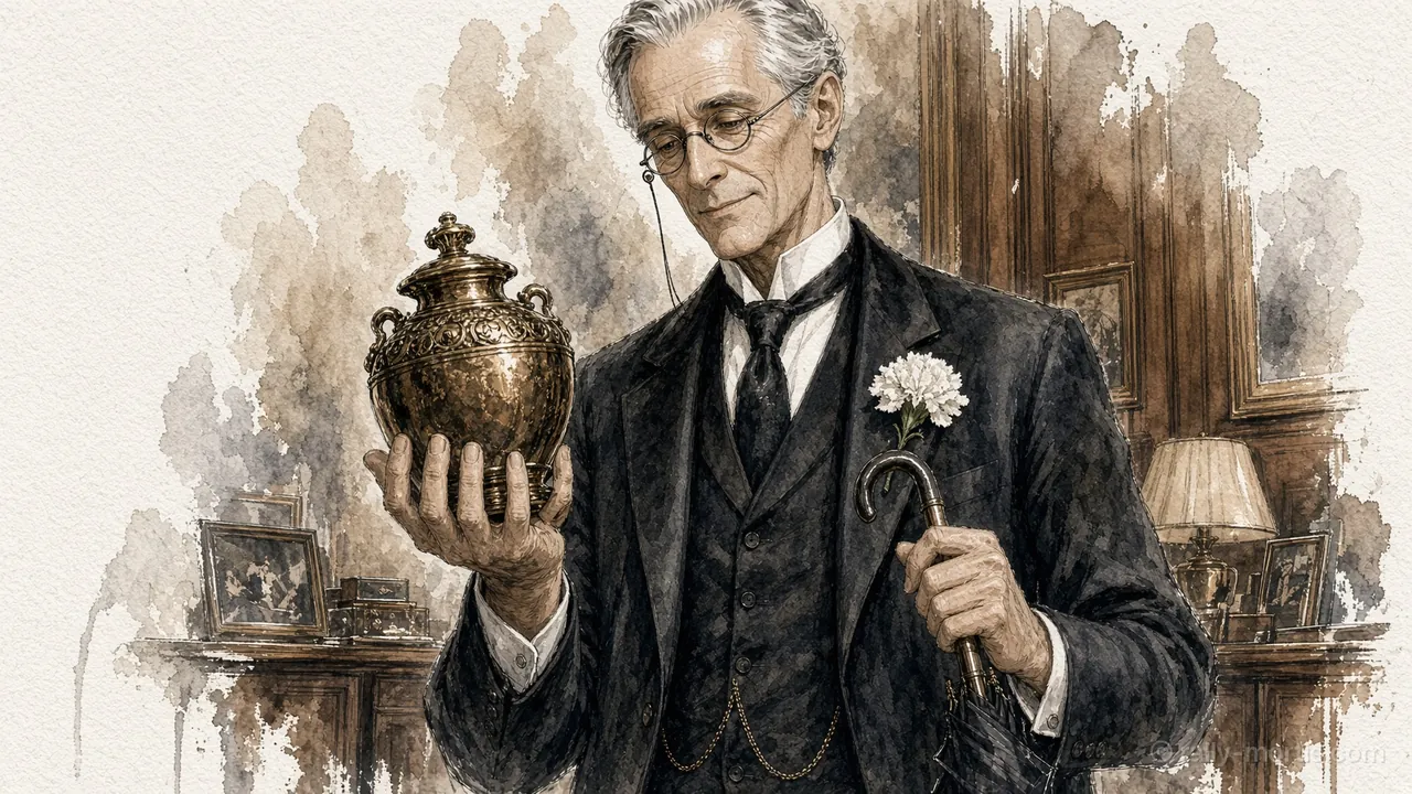 The executor, Ambrose Crane, holds up a silver urn