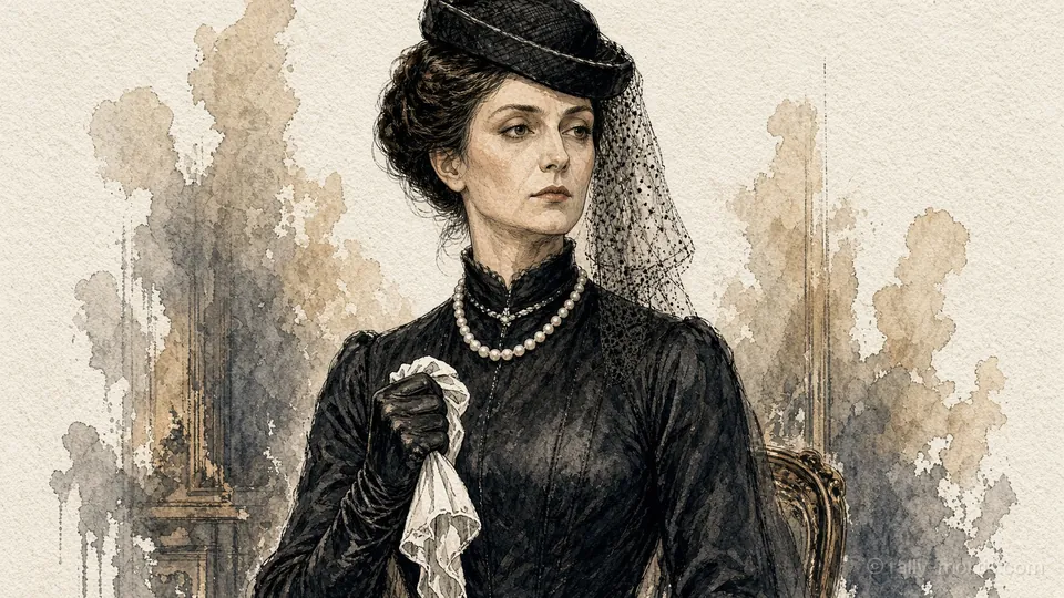 Prudence Vane-Holloway in a black veil dabs her eyes with a handkerchief