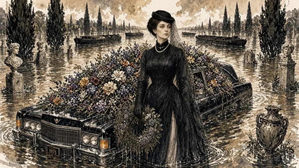 Prudence Vane-Holloway in mourning black stands on her hearse among floating wreaths