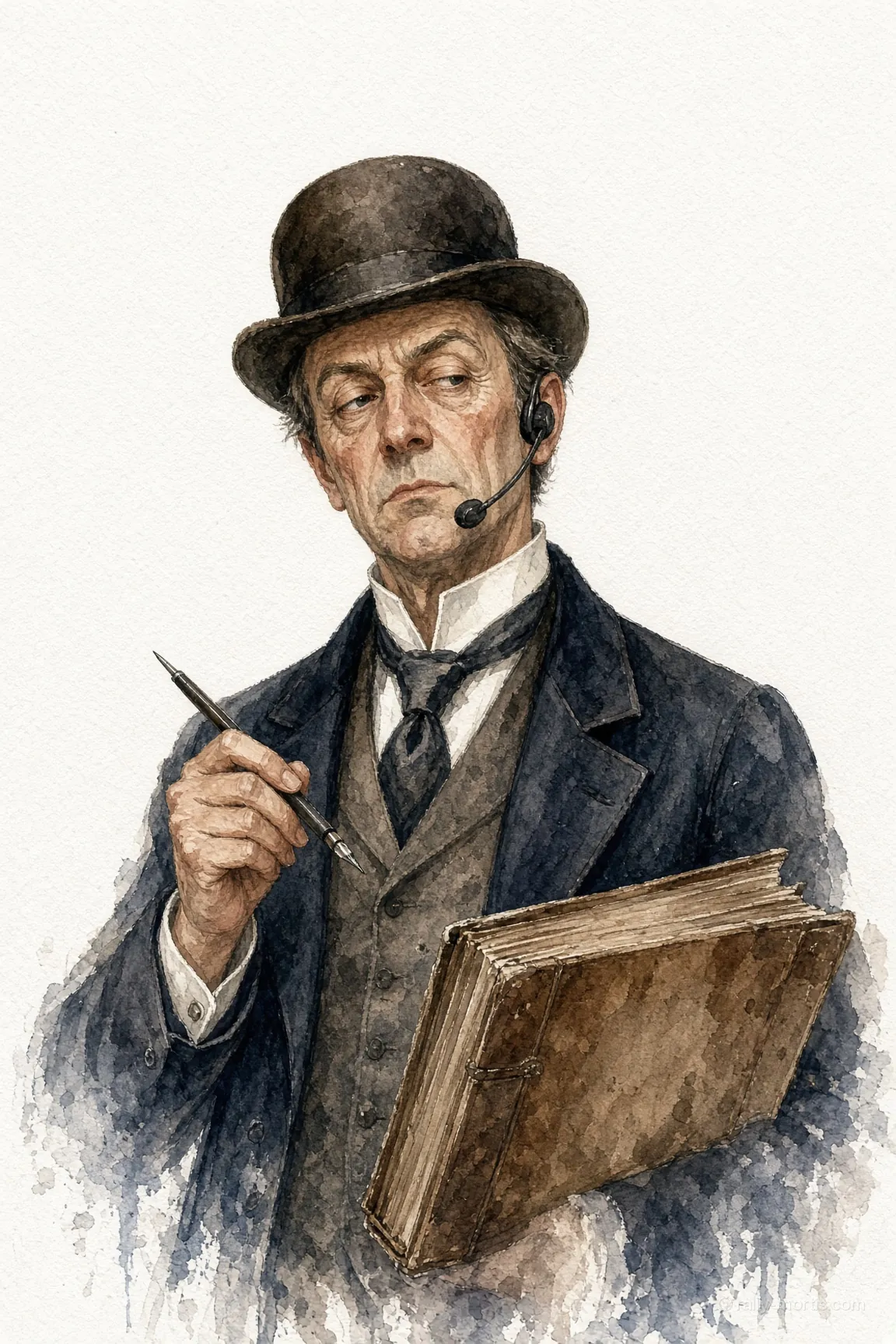 Osgood Pell, notary, in a bowler hat with a ledger and a headset