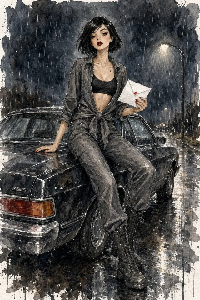 Vee Lark sits on the bonnet of a black car at night in the rain, holding a letter