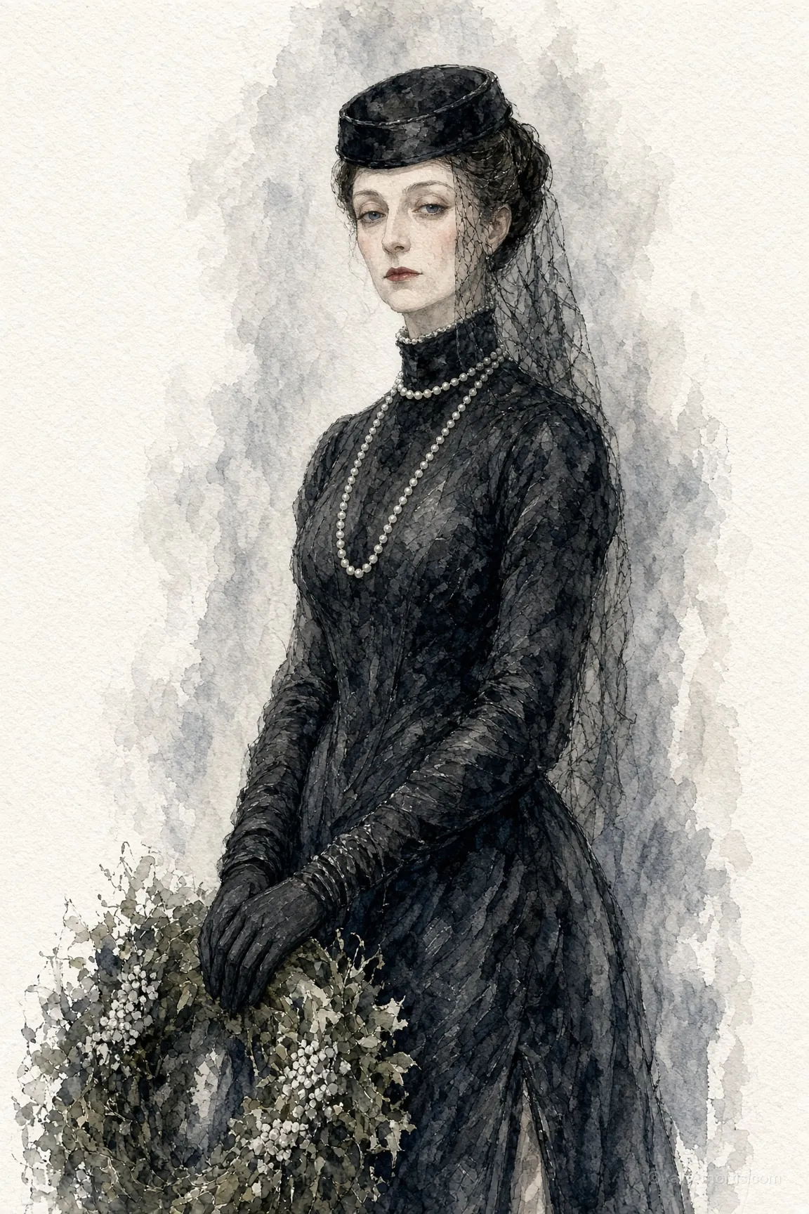 Prudence Vane-Holloway in mourning black with a wreath