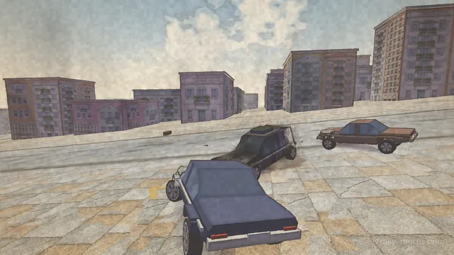 In engine: rival cars spin across a sunny boulevard in Port Saffron