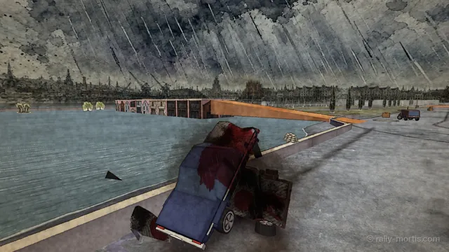 In engine: a rival car wrecked on a flooded canal bank in Lowmarsh, rain falling