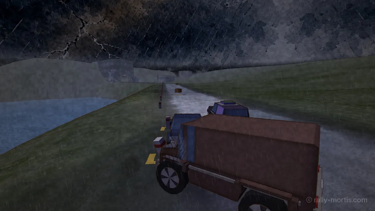 In engine: a delivery truck swerves across the Coast Road under a storm