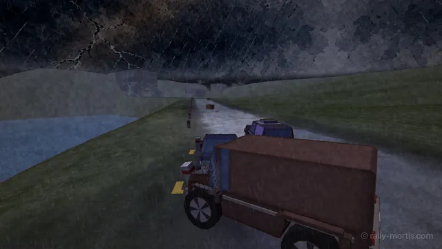 In engine: a delivery truck swerves across the Coast Road under a storm