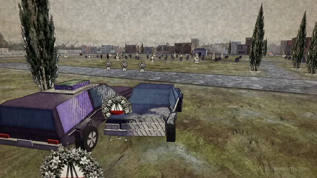 In engine: a hearse and the black sedan locked together among wreaths in the cemetery