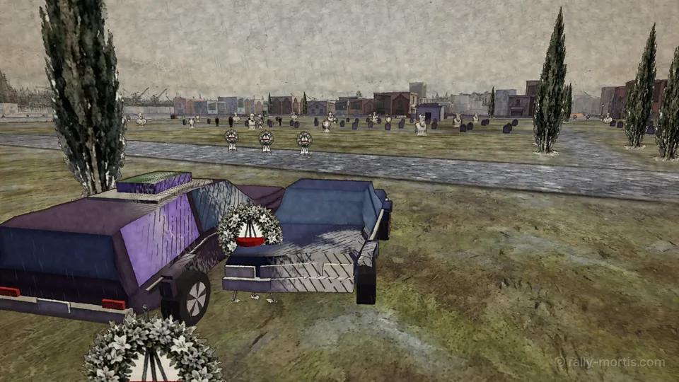 In engine: a hearse and the black sedan locked together among wreaths in the cemetery