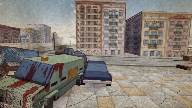 In engine: an armoured van splashed red on a sunlit plaza, the black sedan alongside