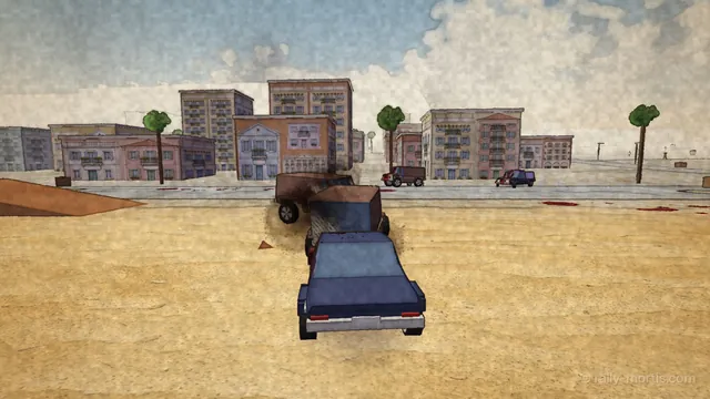 In engine: the black sedan shunts a rival into a cloud of sand on the Port Saffron beach