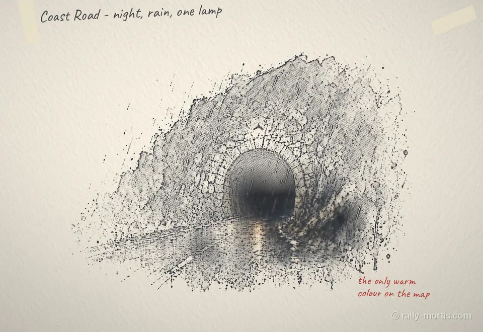 Pencil drawing of a tunnel mouth on the coast road with one warm lamp painted in