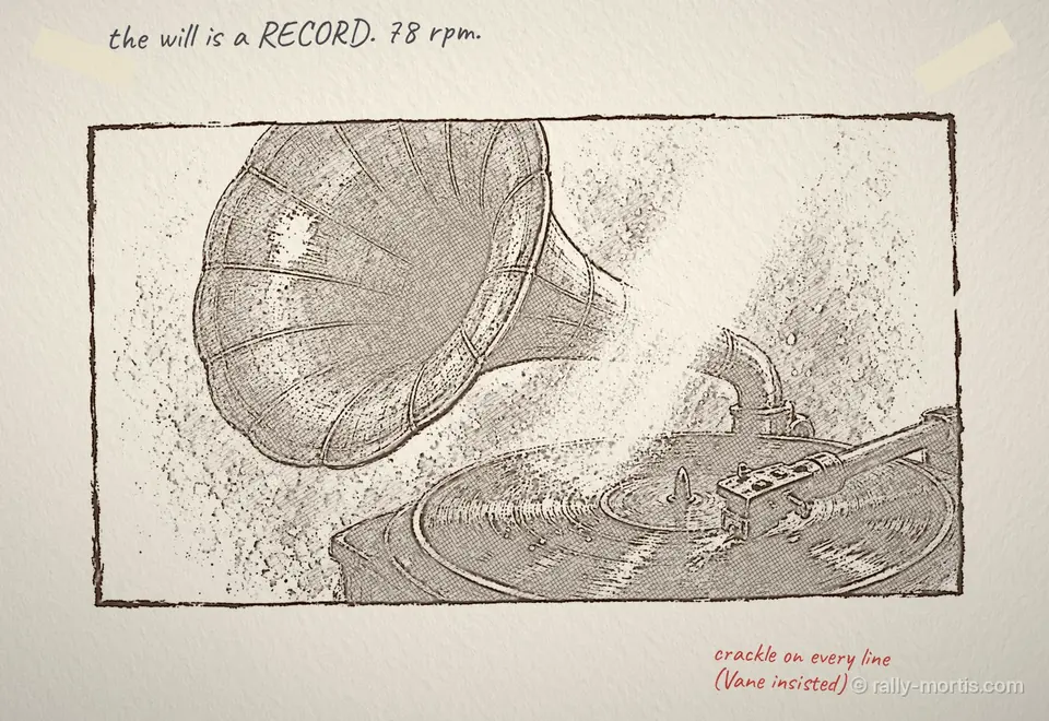 Sepia drawing of a gramophone horn labelled: the will is a record, 78 rpm