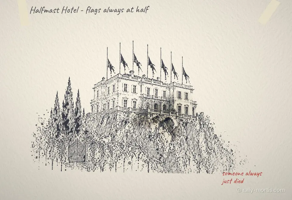 Ink drawing of the Halfmast Hotel, its flags at half mast