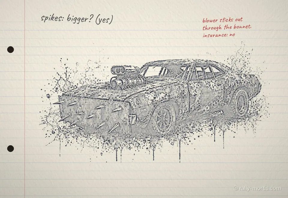 Blue construction pencil drawing of a spiked muscle car, with notes about the spikes