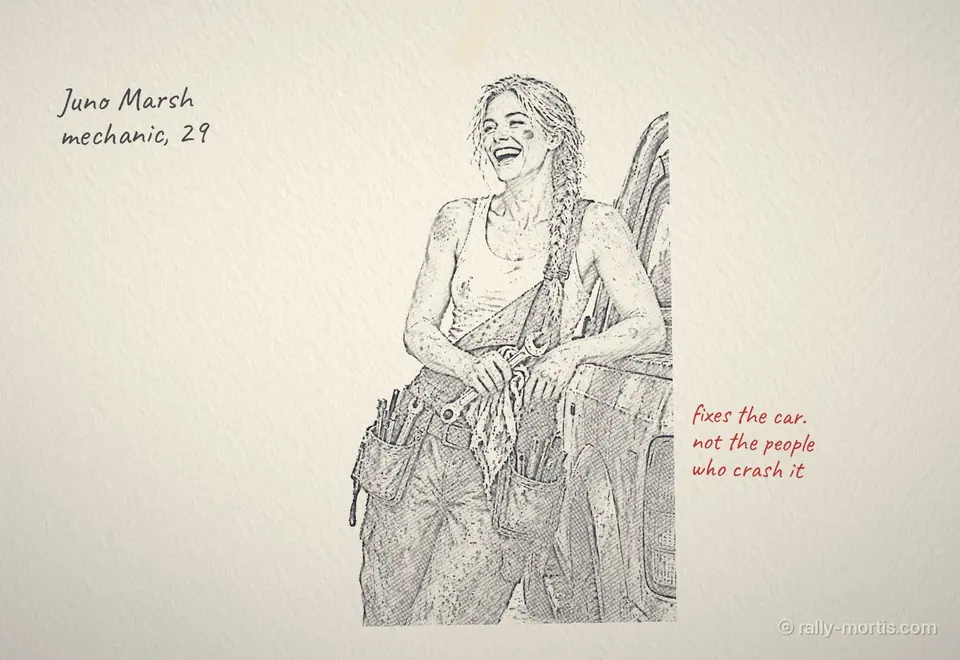Pencil portrait of Juno Marsh, mechanic, 29